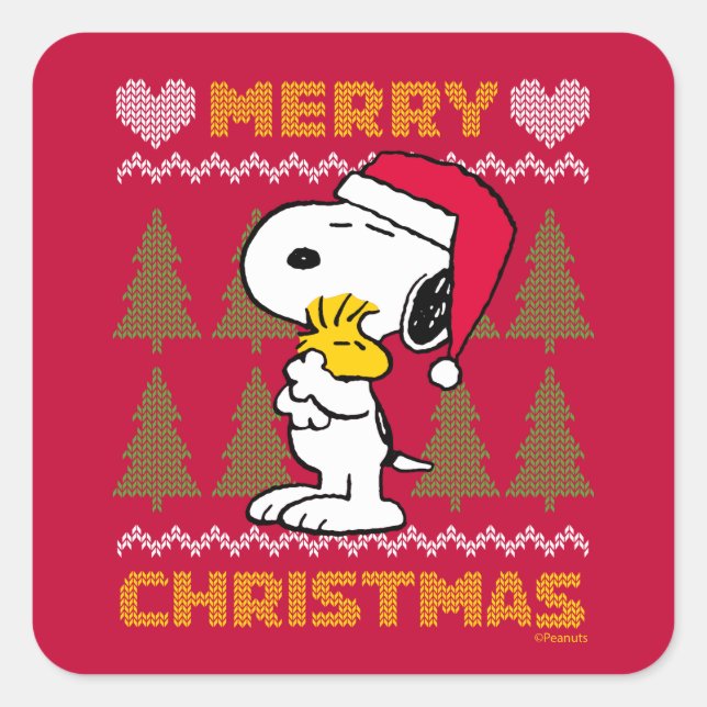 Peanuts | Snoopy & Woodstock Santa Claus Hug Square Sticker (Front)