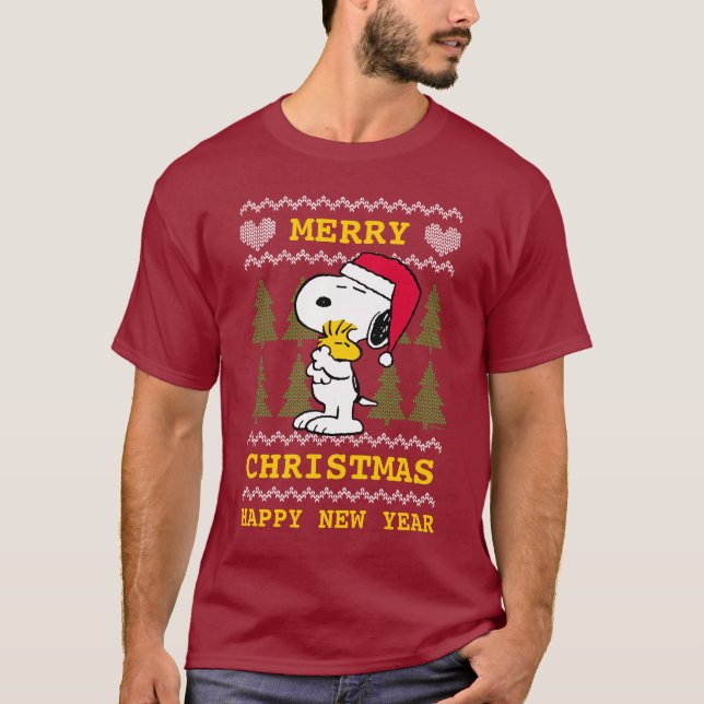 Peanuts | Snoopy & Woodstock Santa Claus Hug T-Shirt (Front)