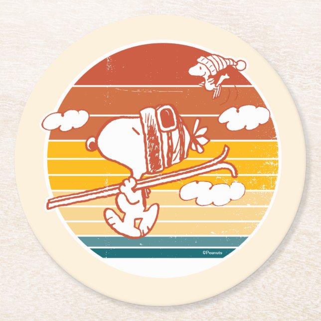Peanuts | Snoopy & Woodstock Ski Trip Round Paper Coaster (Front)