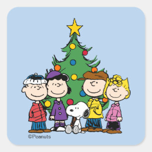 Peanuts   The Gang Around the Christmas Tree Squar Square Sticker