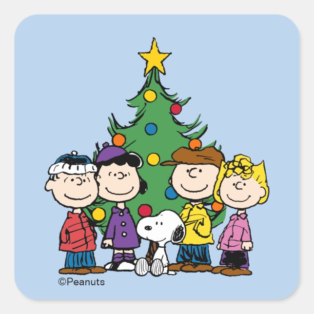 Peanuts | The Gang Around the Christmas Tree Square Sticker (Front)
