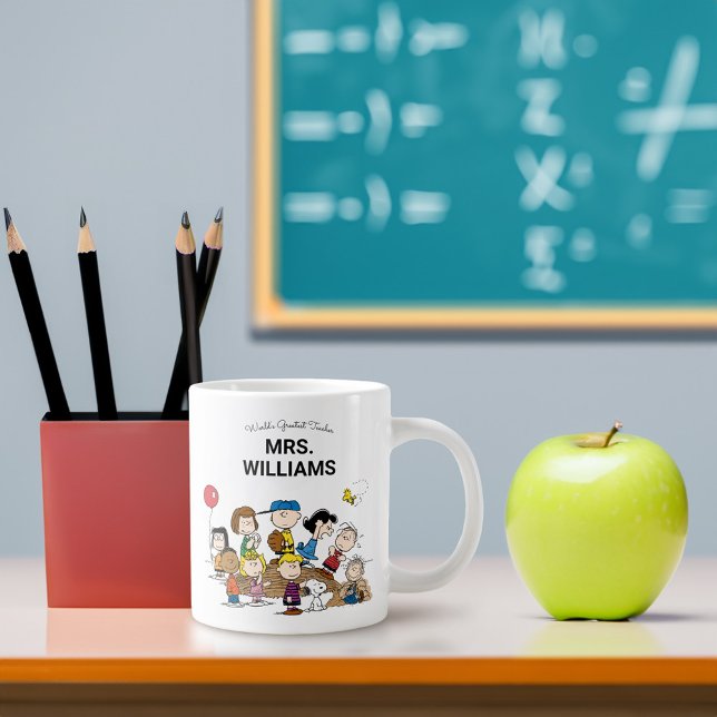 Peanuts | The Gang Greatest Teacher Personalised Large Coffee Mug (Mug on desk)