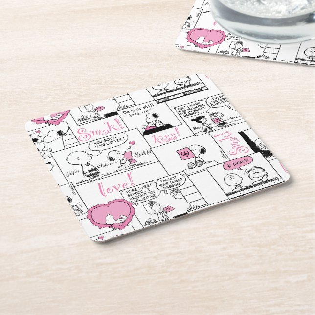 Peanuts | Valentine Heart Love Pattern Square Paper Coaster (Angled)