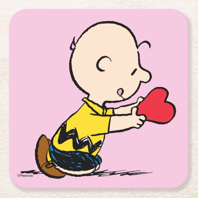 Peanuts | Valentine's Day Charlie Brown Red Heart Square Paper Coaster (Front)