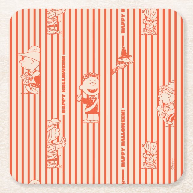 Peanuts | Vintage Happy Halloween Pattern Square Paper Coaster (Front)