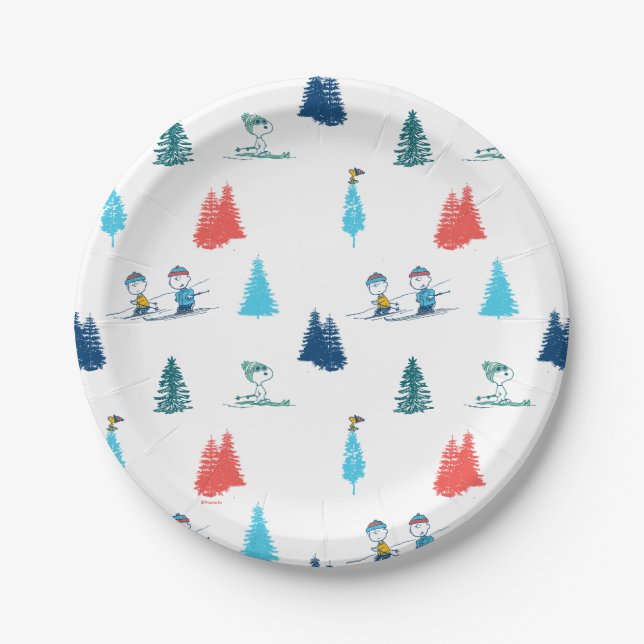 Peanuts | Winter Skiing the Slopes Pattern Paper Plate (Front)