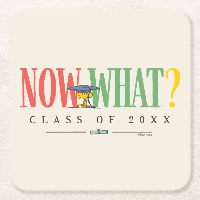 Peanuts Woodstock Now What Graduation Funny Quote Square Paper Coaster (Front)