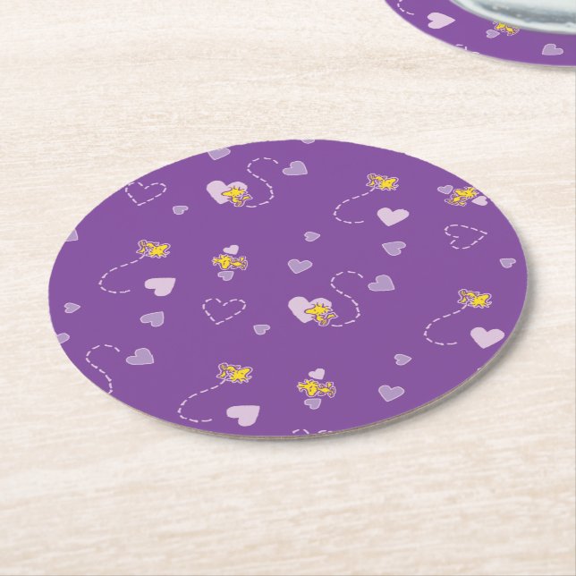 Peanuts | Woodstock Purple Heart Pattern Round Paper Coaster (Angled)