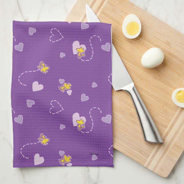 Peanuts | Woodstock Purple Heart Pattern Tea Towel (Quarter Fold)