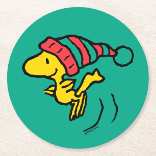 Peanuts   Woodstock Winter Beanie Cap Round Paper Coaster