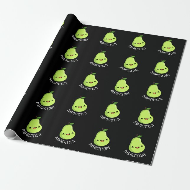 Pear-fectly Cute Fruit Pear Pun Dark BG Wrapping Paper (Unrolled)