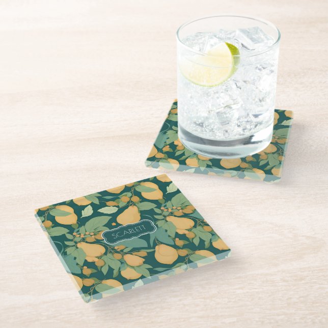 Pear Floral Colourful Personalised Pattern Glass Coaster (Angled)