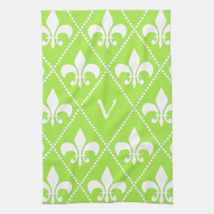 Pear Green Fleur de Lis with monogram initial Tea Towel