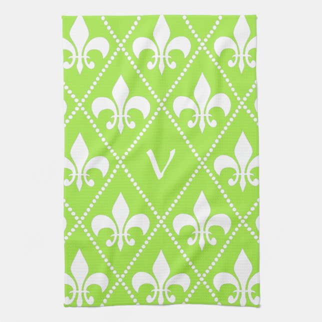 Pear Green Fleur de Lis with monogram initial Tea Towel (Vertical)