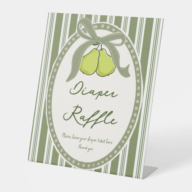 Pear sage green retro baby shower diapper raffle pedestal sign (Front)