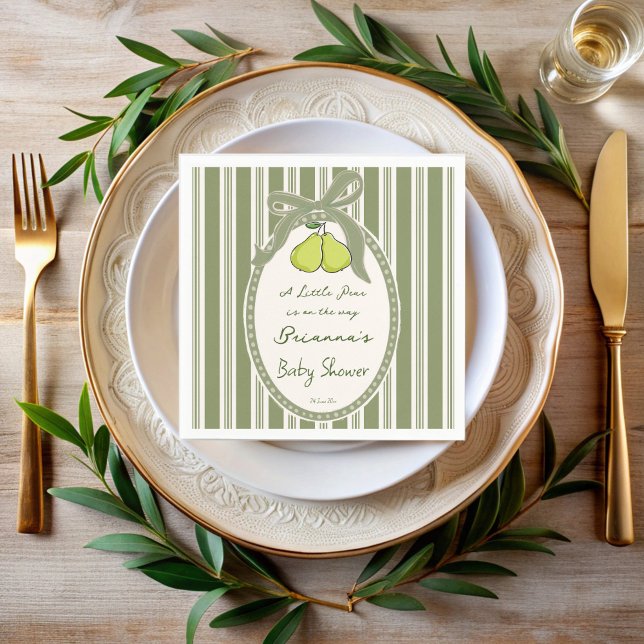 Pear sage green retro stripes baby shower custom napkin (Pear sage green retro stripes vintage baby shower custom napkins personalized decor )