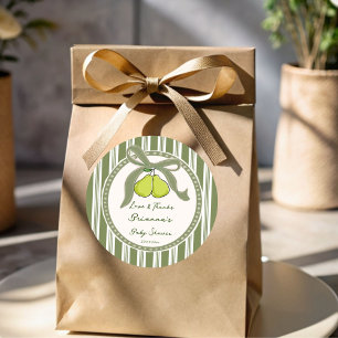 Pear sage green retro stripes baby shower favour classic round sticker