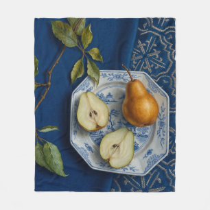 Pear Still Life Blue Textile Oil Painting Fleece Blanket