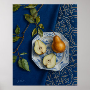 Pear Still Life Blue Textile Oil Painting Poster