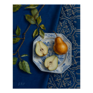 Pear Still Life Blue Textile Oil Painting Poster