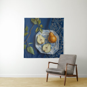 Pear Still Life Blue Textile Oil Painting Tapestry