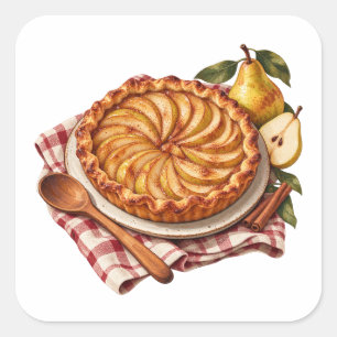 Pear Tart with Red Checked Cloth Square Sticker