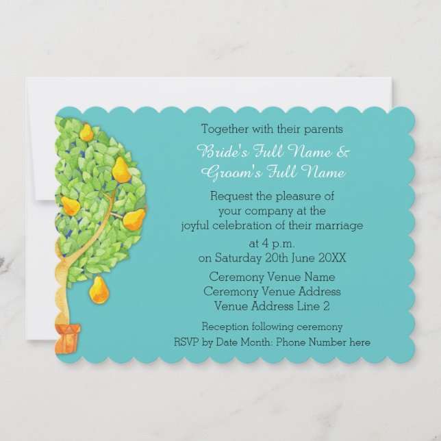 Pear Tree teal Scalloped 5x7" Wedding Invitation (Front)