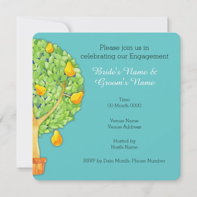 Pear Tree teal Square Engagement Invitation (Front)