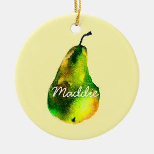 Pear watercolor green fruit ceramic ornament