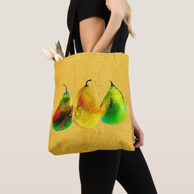 Pear watercolor green fruit tote bag (Close Up)