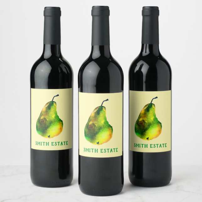 Pear watercolor green fruit wine label (Bottles)