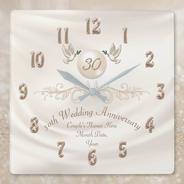 Pearl 30th Wedding Anniversary Gifts, Your Text Square Wall Clock (30th wedding anniversary gift for couple. 30 year anniversary gift for wife, husband, friends.)