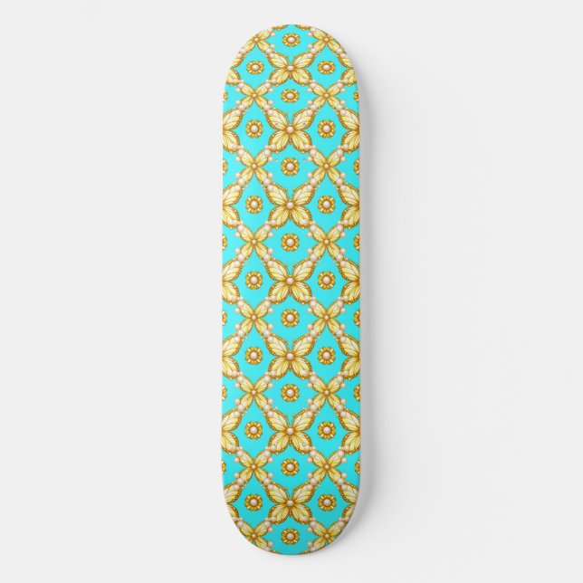 Pearl Accent Elegant Floral Butterfly Deck Gift Skateboard (Front)