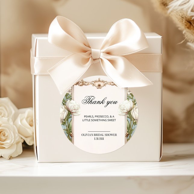 Pearl and Floral Prosecco Bridal Shower Thank You Classic Round Sticker (Creator Uploaded)