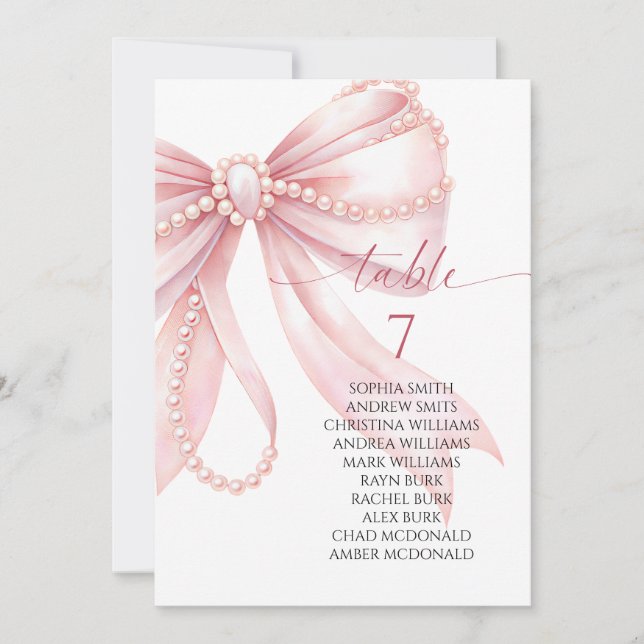 Pearl and Pink Bow Table Number Seating Chart (Front)
