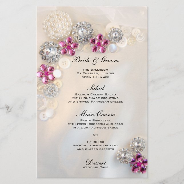 Pearl and Pink Diamond Buttons Wedding Menu (Front)