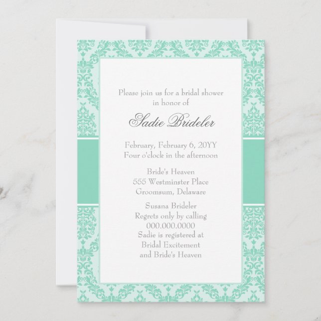 Pearl Aqua Damask Bridal Shower Invitation (Front)