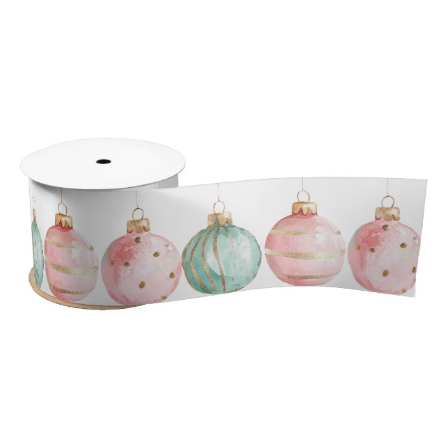 Pearl Aqua Pink Christmas Tree Branch Ornaments Satin Ribbon (Spool)