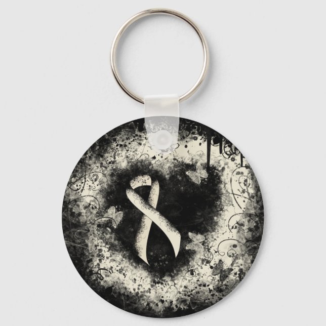 Pearl Awareness Ribbon Grunge Heart Key Ring (Front)