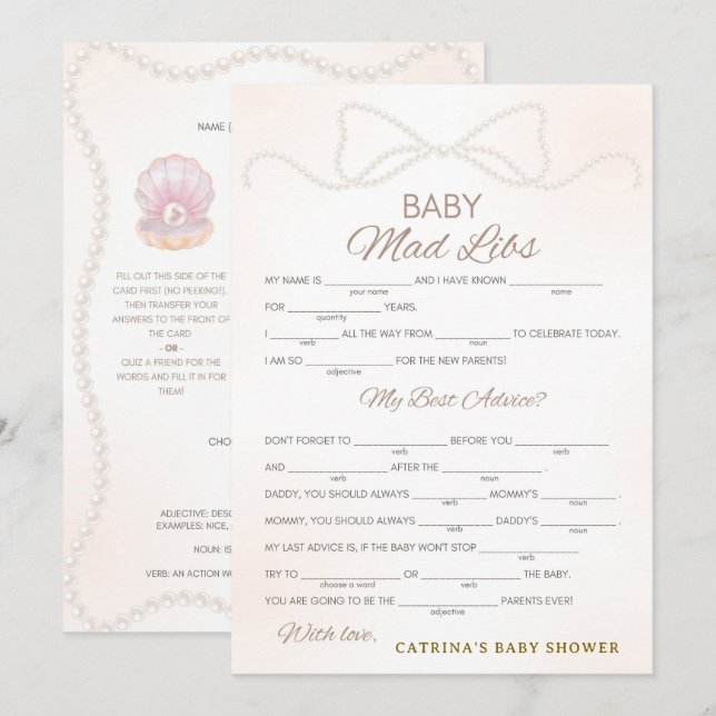 Pearl Baby Shower Game - Editable Name, 5x7 Invitation (Front/Back)