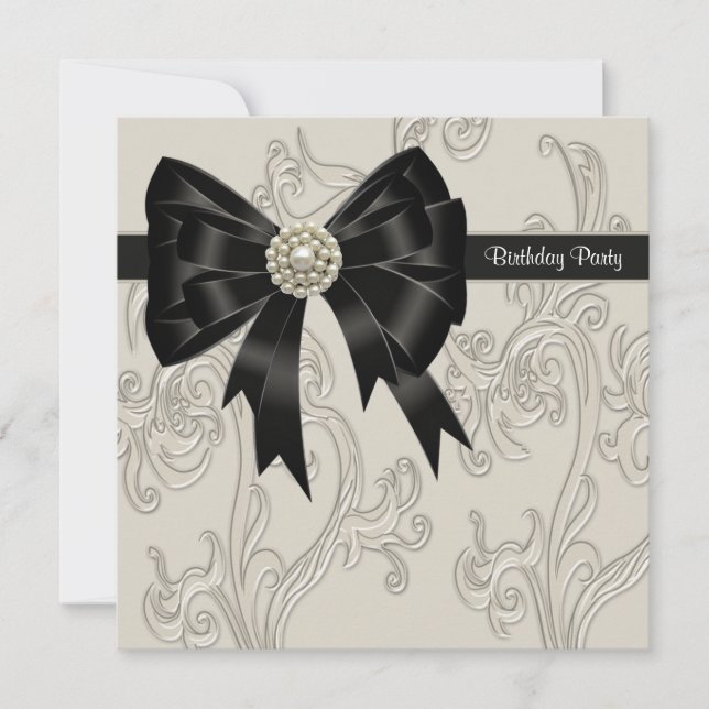 Pearl Black and Cream Swirl Birthday Party Invitation (Front)