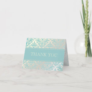 Pearl + Blue Damask Thank You Note Cards