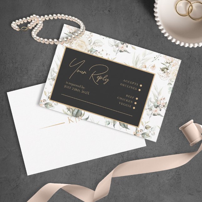 Pearl Blush Floral Elegance Pattern Ebony ID989 RSVP Card (Creator Uploaded)