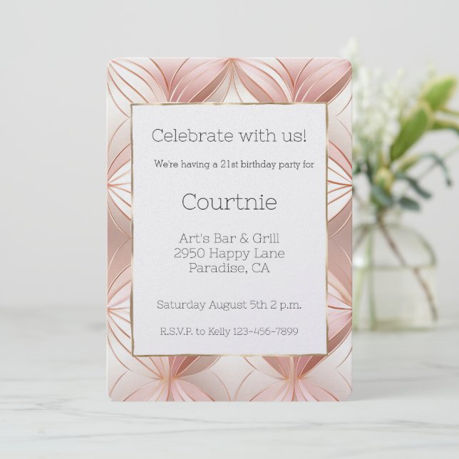 Pearl Blush Pink Rose Gold Abstract 21st Birthday Invitation (Standing Front)