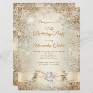 Pearl Bow Beige Cream Gold Snowflake Birthday Invitation