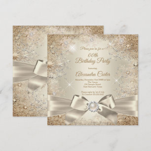 Pearl Bow Beige Cream Gold Snowflake Party Invitation