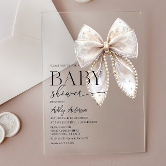 Pearl Bow Girl Baby Shower Acrylic Invitations
