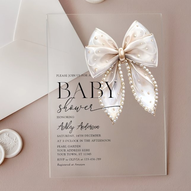 Pearl Bow Girl Baby Shower Acrylic Invitations (Creator Uploaded)