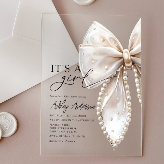 Pearl Bow Its a Girl Baby Shower Acrylic Invitations (Creator Uploaded)