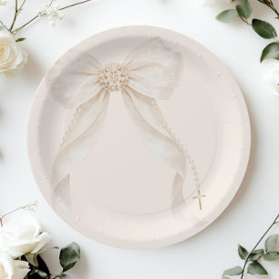 Pearl Bow Ivory Gold Cross Baptism Paper Plate